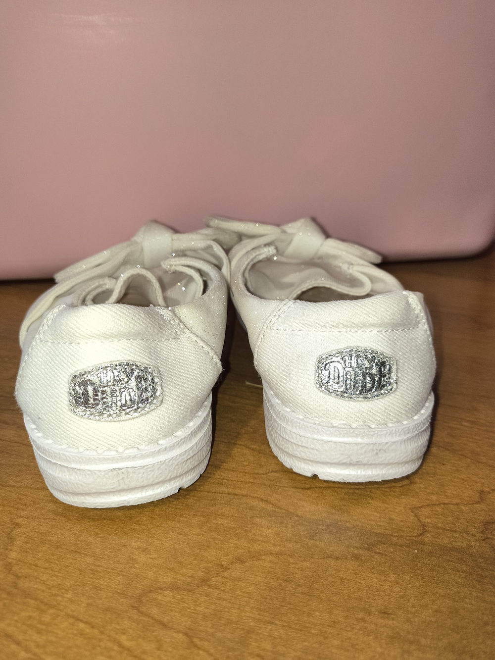 Hey Dude Kids White Canvas Sneakers with Silver Logo Sparkle